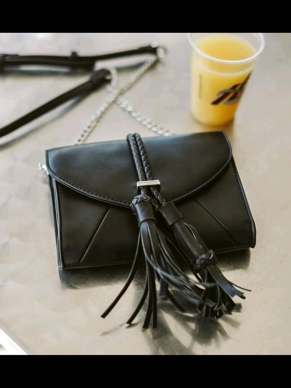 Glitzy Girl Black Faux Leather Tassel Crossbody Bag for Women
